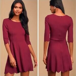NWT Lulus Cumulonimbus Clouds Burgundy Skater Dress Scallop Hem Size L